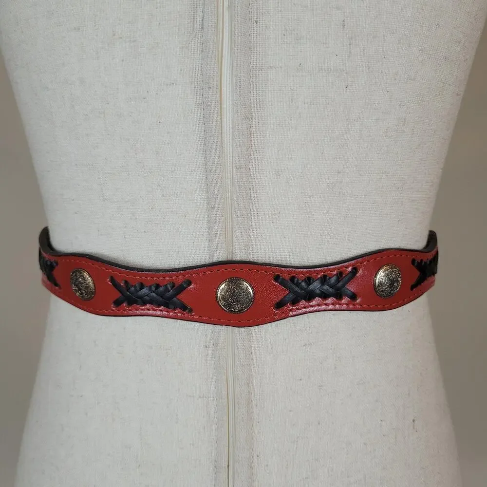 Red‎ Leather Belt Womens 32 Western Concho Medallion Skinny Cowgirl Rodeo Cowboy